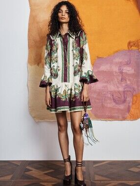 Alemais Ruthie Printed Linen Drop-Waist Mini Shirtdress